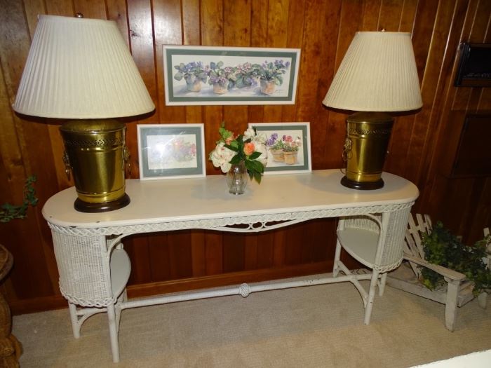 Antique wicker sofa table, Frederick cooper lamps.