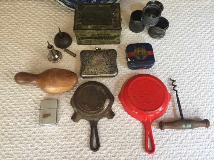 Griswold, old tins, zippo lighter, etc.