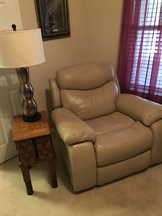 Electric Leather Recliner, side Table made with Sewing Machine Drawers