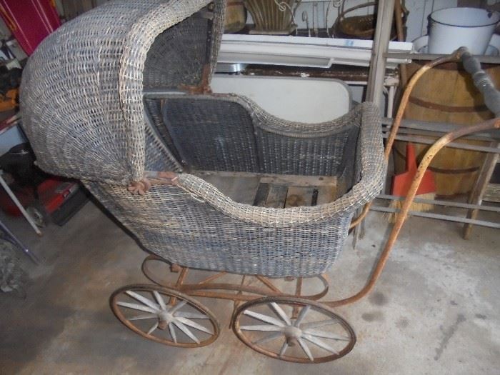 Full size antique wicker baby buggy
