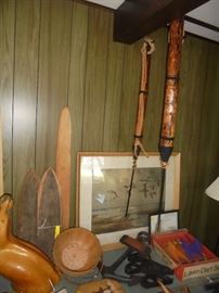 2 harpoons, set of lawn darts, taxidermy items including a deer head mold and muskrat/fox skin stretch boards 