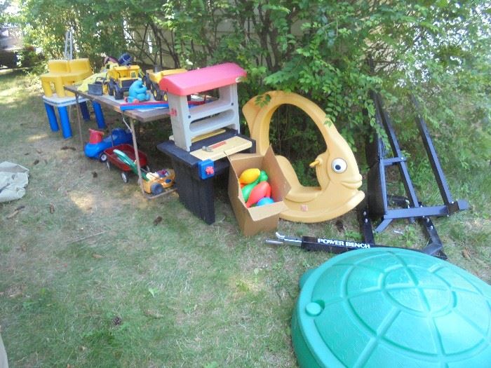 Large amount of clean outdoor children items and a disassembled Power Bench (No weights)