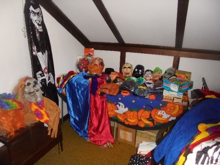 Halloween costumes and more. Many unused. Clown costumes include the big shoes.