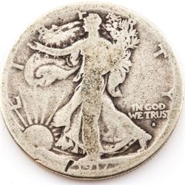 1917 S (Obverse) Walking Liberty Silver Half Dollar: A 1917 S (Obverse) Walking Liberty silver half dollar. Designer: Adolph Alexander Weinman. Mintage: 952,000. Metal content: 90% silver, 10% copper. Diameter: 30 mm. Weight: approximately 12.5 grams. Circulated. Poor condition.
