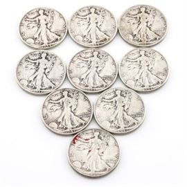Group of Nine Walking Liberty Silver Half Dollars with Years Ranging from 1937 to 1946: A group of nine Walking Liberty silver half dollars with years ranging from 1937 to 1946. Designer: Adolph Alexander Weinman. Metal content: 90% silver, 10% copper. Diameter: 30 mm. Weight: approximately 12.5 grams (each). The coins are circulated and vary from fair to good condition.