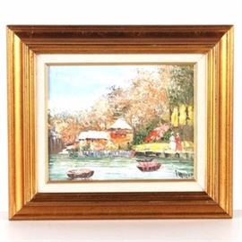 Burnett Oil Painting On Canvas of Harbor Scene: An oil painting on canvas of a harbor scene by Burnett. Signed by hand to the lower right corner, the impressionist style painting depicts boats docked near a small harbor surrounded by trees. The painting is mounted in a gold tone wood frame with a beige liner and gold tone fillet. A wire for hanging purposes is present to the verso of the frame.
