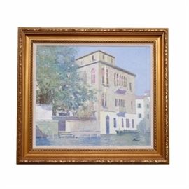 Vintage Oil on Canvas by Lau: A vintage oil on canvas by Lau. This oil painting is presented in a gold toned faux wood frame. It is matted in a linen matting. The frame has a carved design around the edges. The painting is a canal scene oil on canvas. It was painted in the 1980s. It is signed Lau in the lower right corner.