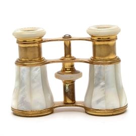 French Opera Glasses with Cincinnati Retailer MarkL A pair of French opera glasses in gilt brass and mother-of-pearl. Each ocular lens collar is marked, one as"Lemaire Fi Paris" and the other, “Clemens Oskamp Cincinnati”.