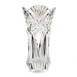 Leaded Crystal Vase: A molded and polished, leaded crystal vase, having a scalloped rim with fan and star pattern. Unmarked.