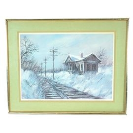 Robert Fabe Signed Limited Edition Offset Lithograph "Old Station": A signed offset lithograph after the original tempera painting by well-listed American genre artist Robert Fabe (Cincinnati, 1917-2004), titled Old Station. Typical of Fabe’s somber, melancholy oeuvre, the painting depicts a cold, abandoned railroad station sitting next to empty tracks, surrounded by overgrown grass and underbrush, covered with thick snow under a dreary gray sky. The title and artist signature are signed in pencil to the lower margin, where the print is numbered 17/50. This print is mounted under coordinating matting, behind glass in a simple wood frame with silver-tone trim, equipped to hang.