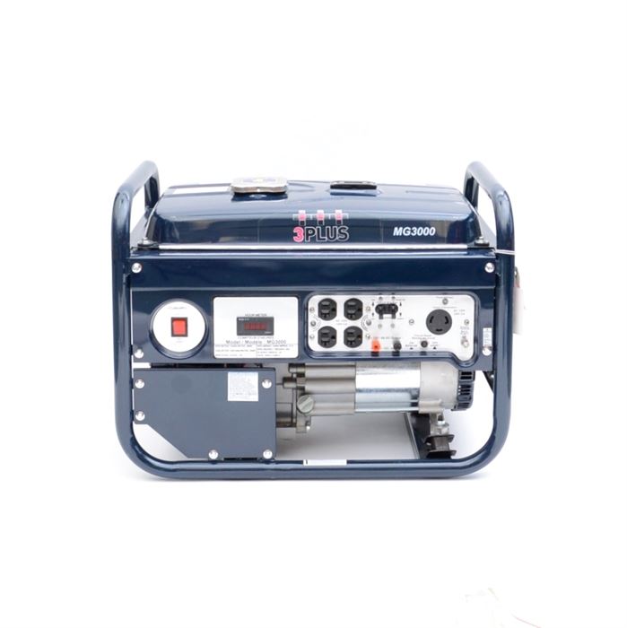 3 PLUS 3000 Watt Generator: A 3 PLUS 3000 watt generator, model MG3000. This generator features a 6.5HP gasoline engine, circuit breaker, power indicator, voltage selector, one pair of 120V Duplex Voltage Outlet, one 120/240V Twistlock outlet, recoil start, low oil shut off, large 4 gallon fuel tank and full perimeter safety frame.
