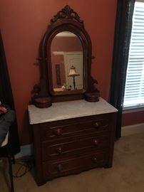 Antique Walnut Marble Top Three-Drawer Dresser w/ Mirror