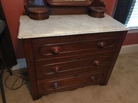 Antique Walnut Marble Top Three-Drawer Dresser w/ Mirror - Dresser Detail
