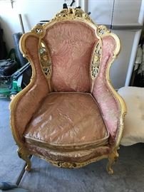 Gold Gilded Pink Brocade Upholstered Wingback Chair (Needs Re-Upholstered)