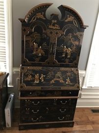 Orient Influenced Black Lacquered Wood Secretary