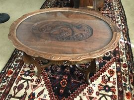 Decoratively Carved Pecan Oval Coffee Table