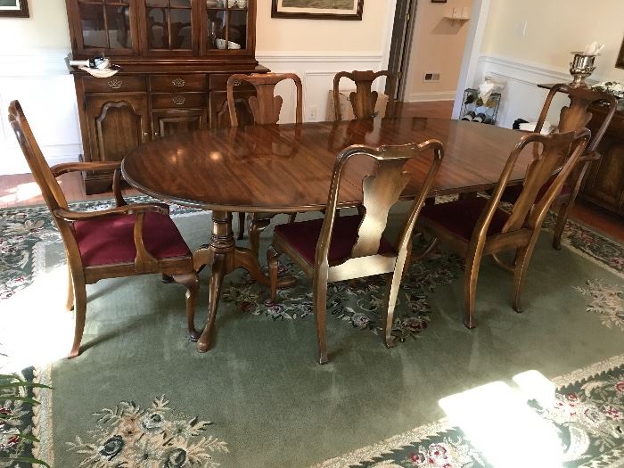 Statton Fruitwood Oval Pedestal Dining Table w/ Two Leaves, Two Fruitwood Upholstered Seat Dining Arm Chairs and Four Fruitwood Upholstered Seat Dining Side Chairs 