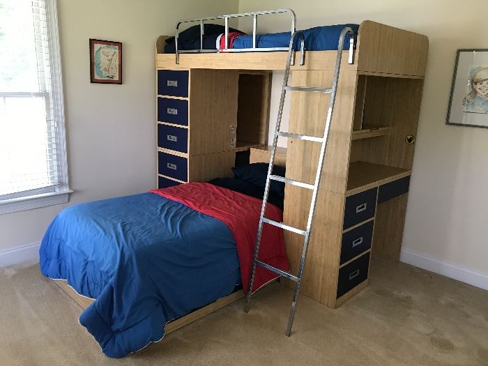 Twin & Twin Bunk Bed Unit - Twin Bed w/ Complimentary Twin Mattress, Twin Bunk Bed w/ Complimentary Twin Mattress, Ladder, Storage Drawers & Hutch Desk w/ Drawers