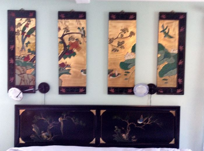JAPANESE PAINTED 4 SECTION WALL HANGING \\ KING SIZE BED HEAD BOARD & MATTRESS ALSO ORIENTAL PAINTED
