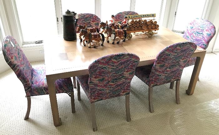 Parquet Dining Room Table, Upholstered Chairs, Lowenbrau Bar Display