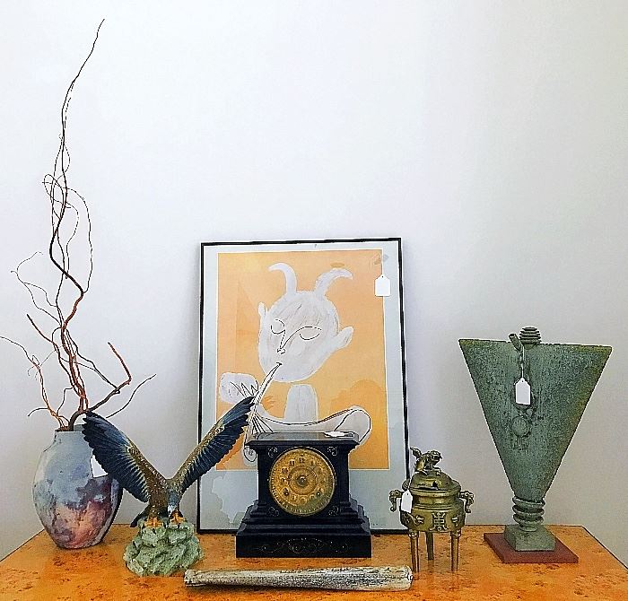 Studio Pottery, Ansonia Mantle Clock, Binoli Eagle & More