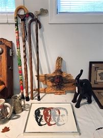 Selection of Canes, Folk Art Wood Relief, Lucky Elephant Figure & More