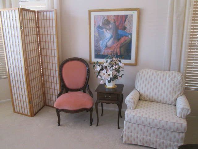 Sweet little Accent Table, Accent Chair, 3-Panel Screen and A Framed Degas