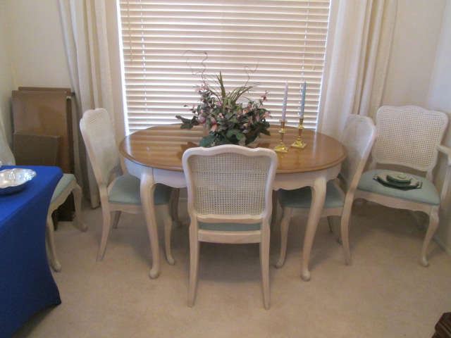 Dining Room Table/6 Chairs by Keller.  Includes 2 leaves and pads.  2-Tone Styling with cane backs and upholstered seats