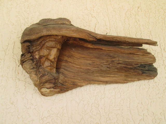Driftwood with carved face; several other pieces of driftwood