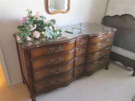 Lovely Vintage Bedroom Group: Bombay-style Dresser/Mirror, Nightstand, and 2-Twin Headboards and Footboards with Rails.  This set is by National Furniture Company