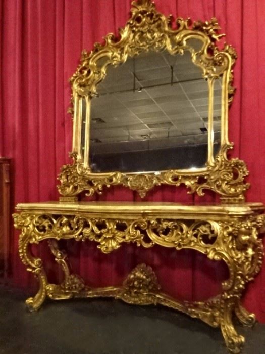 SPECTACULAR ROCOCO CONSOLE TABLE WITH ONYX TOP AND MIRROR - 8 FT. WIDE - THIS ITEM IS AUCTION ONLY!