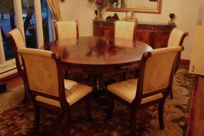 Beautiful 60 Inch Round Wood Pedestal Dining Room Table with Starburst Pattern with Six Chairs