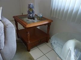 Oak End/Side Table. Glass Insert with small drawer. 2 Matching end tables