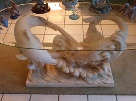 Beautiful Mermaid & Dolphin Playing Coffee Table with Oval Beveled Glass