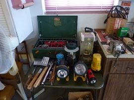 Coleman Camping 2 Burner Cooktop, Coleman Battery and Oil Lanterns, Flashlights