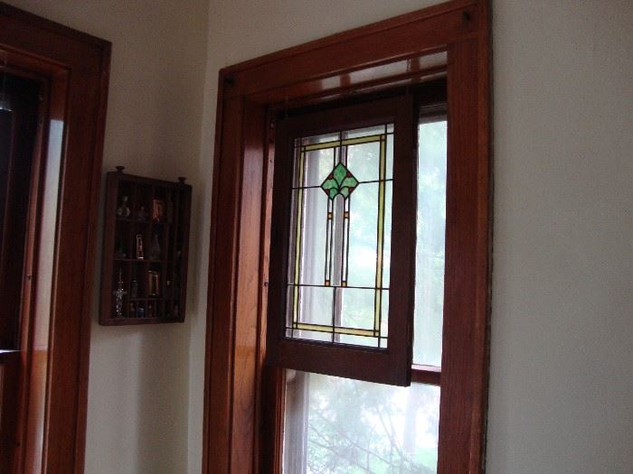 Four matching Stained Glass Windows with oak frames