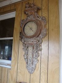 Carved Wood Thermometer and Barometer