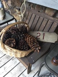 RUSTIC DECOR! LARGE PINE CONES, small scale bench