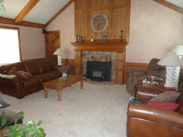 Leather living room set, pine tables , lift chair
