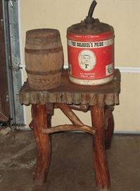 Twig table, powder keg and rare advertising oil can