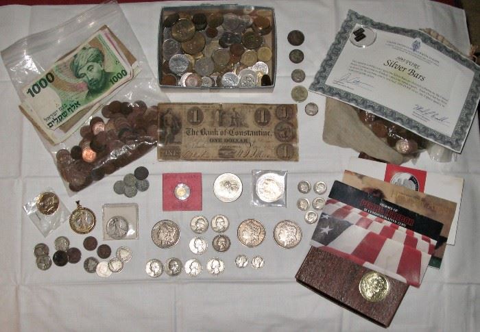 Money and Coins including rare 1849 Bank of Constantine, MI dollar, and 1904S Silver Morgan dollar 