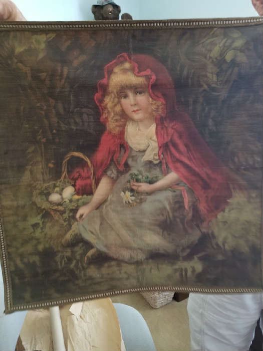 VINTAGE RED RIDING HOOD TAPESTRY 18 X 18