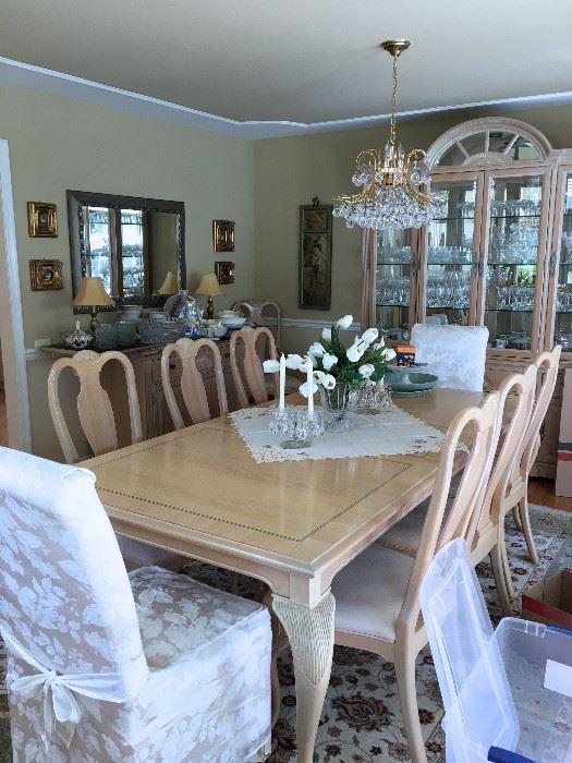 BERNHARDT, OAK DINING TABLE WITH 2 LEAVES AND 12 CHAIRS, CRYSTAL DROP CHANDELIER,  BERNHARDT CHINA CABINET AND  SERVER WITH SLATE TOP EXTENSIONS