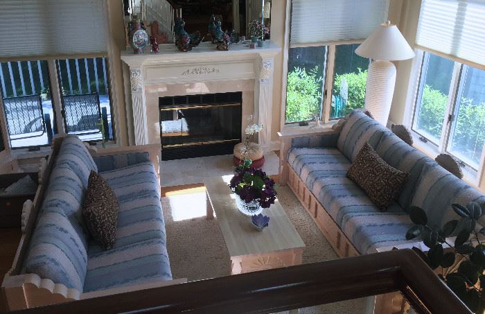 GORGEOUS, TUSCAN, SOLID OAK FRAME COUCHES, WITH MATCHING COFFEE TABLE, AREA RUG AND ACCESSORIES 
