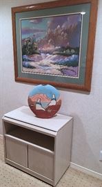 PAINTING, MEDIA CABINET AND VERA RUSSELL VASE