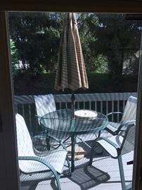 PATIO TABLE, CHAIRS AND UMBRELLA