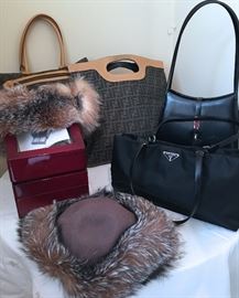 DESIGNER PURSES, FOX HAT AND ELECTRONIC WATCH WINDER