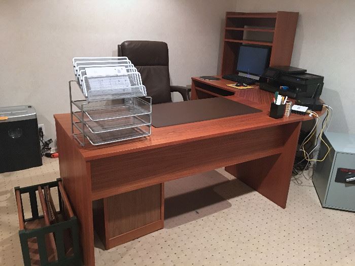 EXECUTIVE, 3 PIECE CORNER DESK WITH COMPUTER TABLE(COMPUTER NOT FOR SALE) AND FILING CABINET, VERTICAL WOOD FILE, METAL FILE