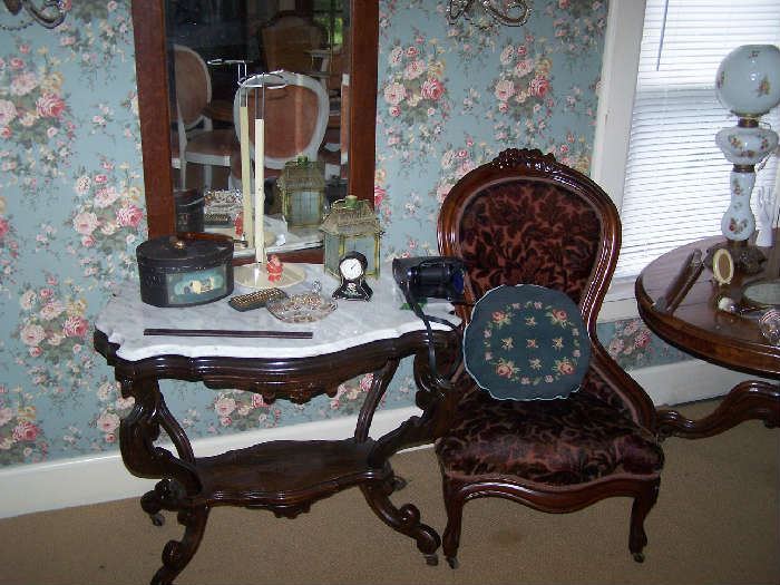 TURTLE-TOP MARBLE-TOP TABLE, VICTORIAN LADY'S CHAIR & MISC.