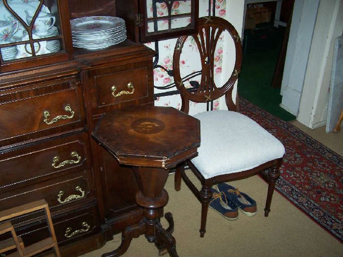 19TH CENTURY WORK TABLE ( NEEDS A LITTLE TLC) WITH INLAID TOP & ONE OF THE CHAIRS TO THE DINING SET